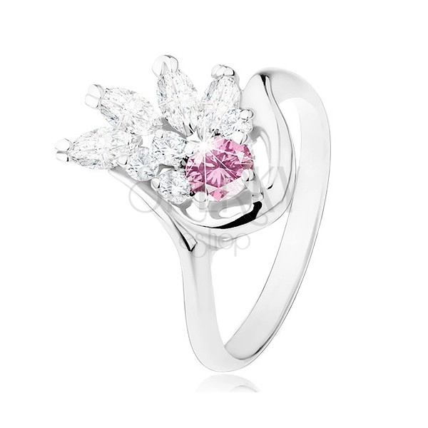 Prsten ve stříbrném odstínu, čirý zirkonový vějíř, růžový zirkon