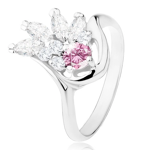 Prsten ve stříbrném odstínu, čirý zirkonový vějíř, růžový zirkon - Velikost: 58