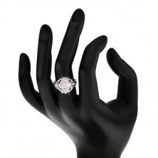 Prsten stříbrné barvy, oválný zirkonový květ, lesklá rozdělená ramena