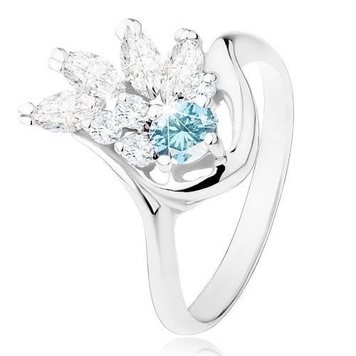Lesklý prsten ve stříbrném odstínu, čirý zirkonový vějíř, světle modrý zirkon - Velikost: 49