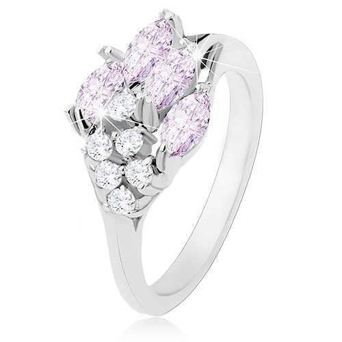 Lesklý prsten stříbrné barvy, světle fialová zrnka, kulaté čiré zirkony - Velikost: 48