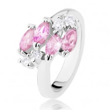 Lesklý prsten ve stříbrné barvě, růžová zirkonová zrnka, čiré zirkonky