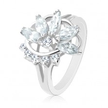 Prsten ve stříbrném odstínu, poloviční zirkonový květ, oblouk čirých zirkonků