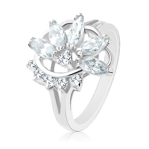 Prsten ve stříbrném odstínu, poloviční zirkonový květ, oblouk čirých zirkonků - Velikost: 53