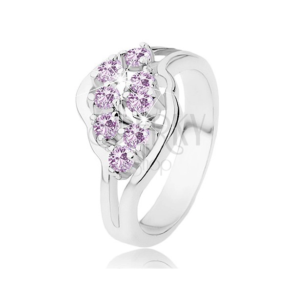 Blýskavý prsten s rozdělenými rameny, fialové kulaté zirkonky