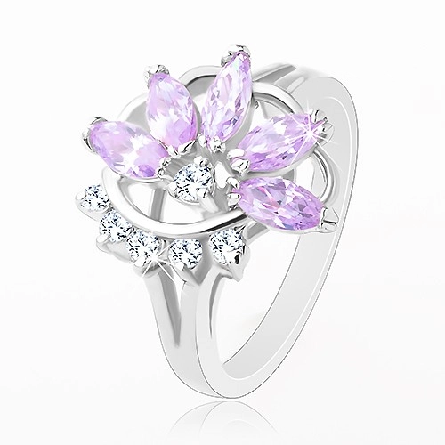 Prsten stříbrné barvy, světle fialový zirkonový květ, čiré zirkonky - Velikost: 51