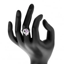 Prsten stříbrné barvy, světle fialový zirkonový květ, čiré zirkonky