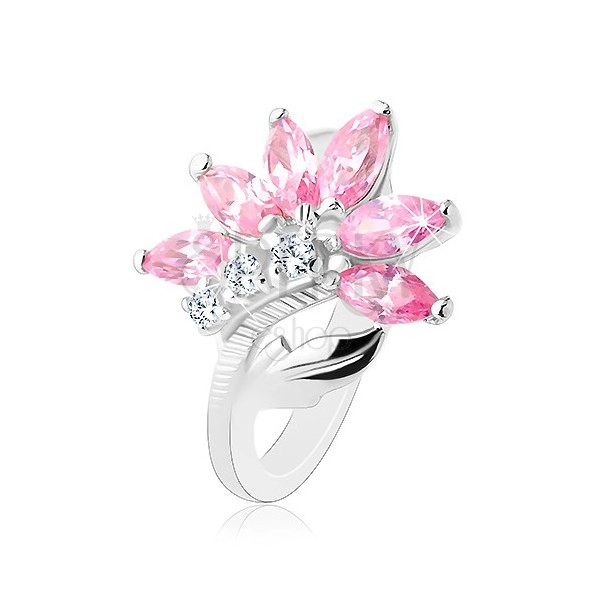 Třpytivý prsten stříbrné barvy, růžovo-čirý zirkonový květ, lesklý list