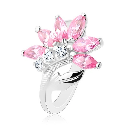 Třpytivý prsten stříbrné barvy, růžovo-čirý zirkonový květ, lesklý list - Velikost: 49