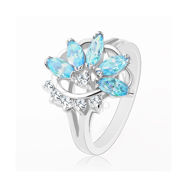 Prsten s lesklými rozdělenými rameny, modro-čirý poloviční květ