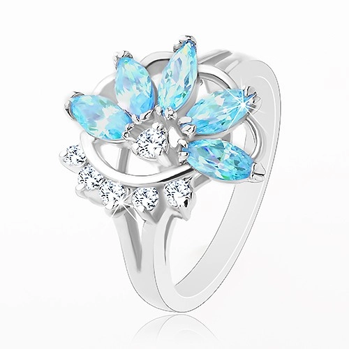 Prsten s lesklými rozdělenými rameny, modro-čirý poloviční květ - Velikost: 51
