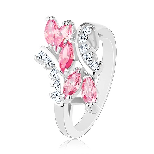 Lesklý prsten stříbrné barvy, růžová zirkonová zrnka, čiré zirkonky - Velikost: 55