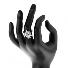 Prsten s lesklými rameny, třpytivý zirkonový květ čiré barvy, lístek