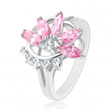 Prsten s lesklými rozdělenými rameny, růžovo-čirý poloviční květ