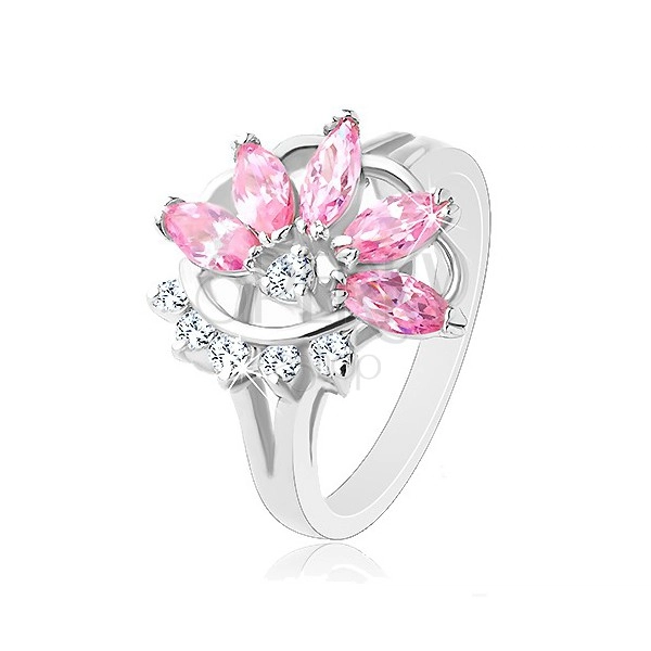 Prsten s lesklými rozdělenými rameny, růžovo-čirý poloviční květ
