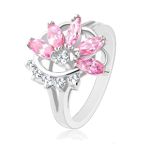 Prsten s lesklými rozdělenými rameny, růžovo-čirý poloviční květ - Velikost: 56