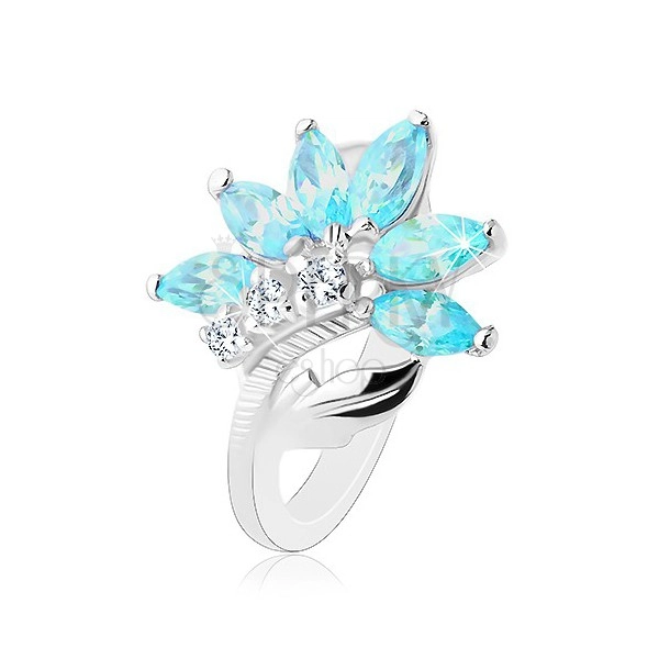 Prsten ve stříbrném odstínu, květ z čirých a modrých zirkonů, lesklý list