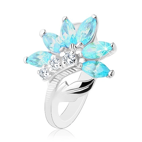 Prsten ve stříbrném odstínu, květ z čirých a modrých zirkonů, lesklý list - Velikost: 48