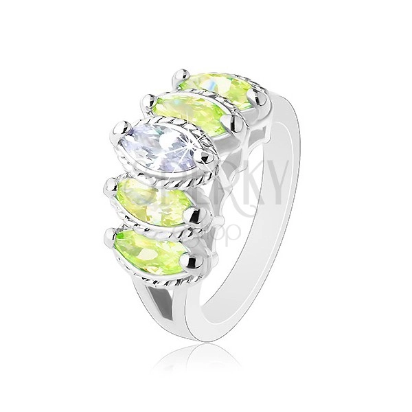 Prsten s rozdělenými rameny, zrnkovité zirkony světle zelené a čiré barvy