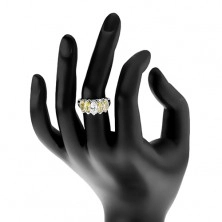 Prsten s rozdělenými rameny, zrnkovité zirkony světle zelené a čiré barvy
