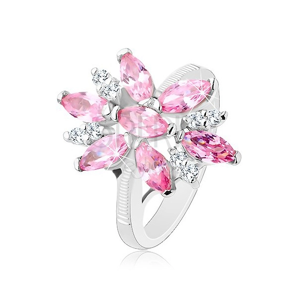 Prsten ve stříbrném odstínu, velký květ s růžovými a čirými lupínky