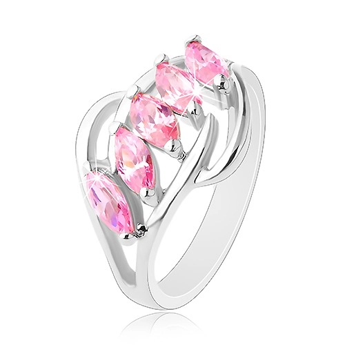 Prsten stříbrné barvy, lesklé obloučky, pás růžových broušených zrnek - Velikost: 54