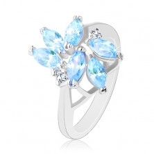 Třpytivý prsten s lesklými rameny, světle modré broušené zirkony