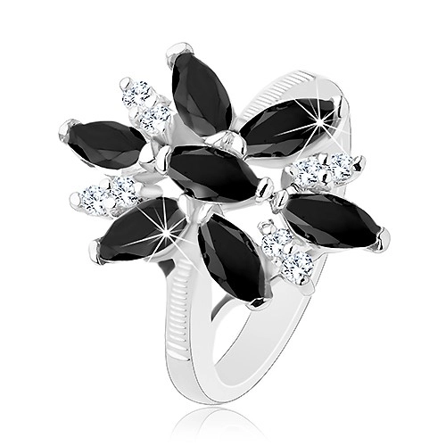 Blýskavý prsten stříbrné barvy, černo-čirý zirkonový květ, lesklá ramena - Velikost: 49