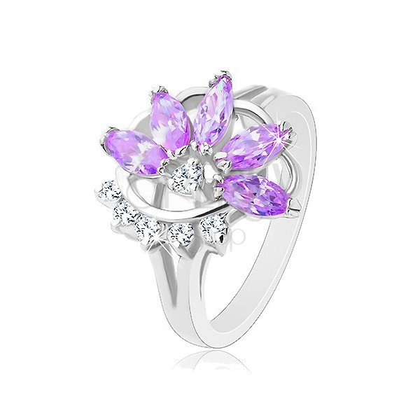Lesklý prsten stříbrné barvy, fialový zirkonový květ, čiré zirkonky