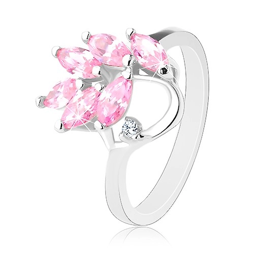 Prsten s lesklými rameny, větvička s růžovými zirkonovými lístky - Velikost: 50