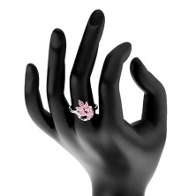 Prsten s lesklými rameny, větvička s růžovými zirkonovými lístky