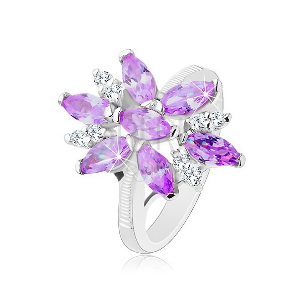 Prsten ve stříbrné barvě, velký květ z fialových a čirých zirkonů