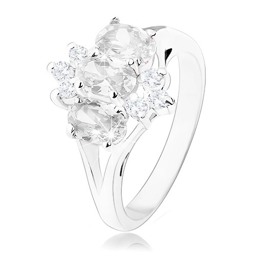 Blýskavý prsten ve stříbrném odstínu, oválné a kulaté zirkony čiré barvy - Velikost: 50