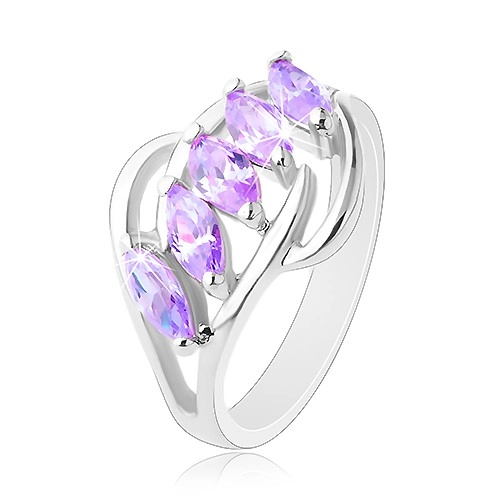 Prsten ve stříbrném odstínu, světle fialová zirkonová zrnka, lesklé oblouky - Velikost: 51