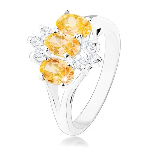 Lesklý prsten ve stříbrné barvě, žluté zirkonové ovály, čiré zirkonky - Velikost: 50