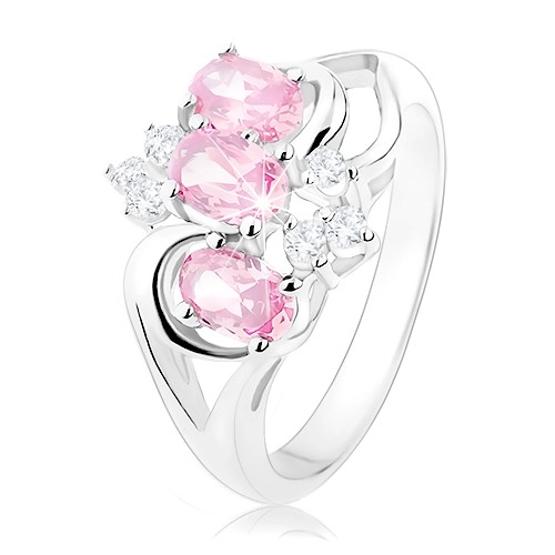 Prsten stříbrné barvy, rozdělená ramena, růžové ovály, čiré zirkonky - Velikost: 56