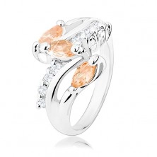 Prsten ve stříbrném odstínu, čiré zirkonové linie, oranžová broušená zrnka