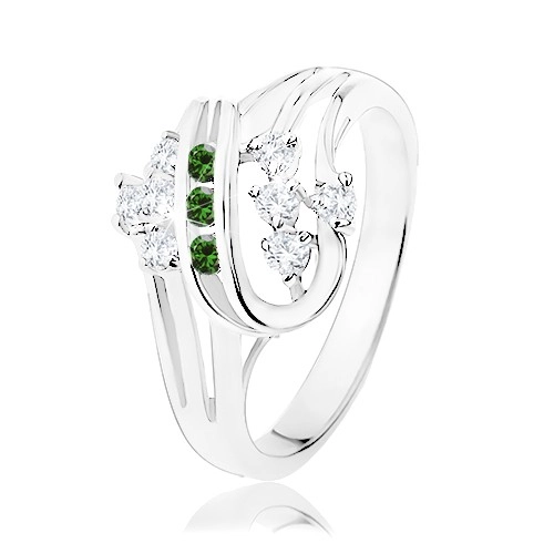 Prsten stříbrné barvy, zatočené linie zdobené čirými a zelenými zirkony - Velikost: 54