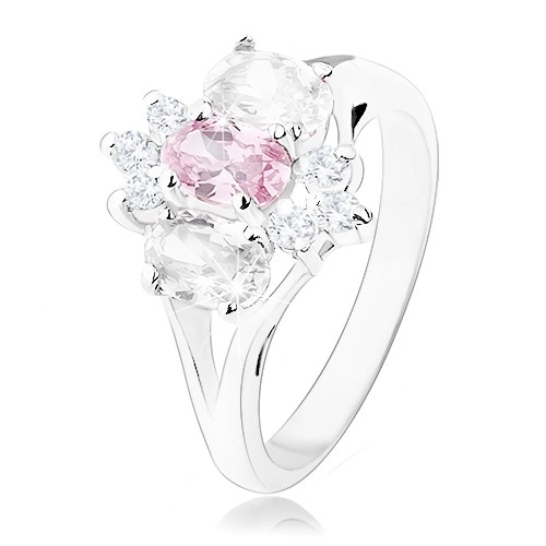 Blýskavý prsten ve stříbrném odstínu, rozdělená ramena, růžovo-čirý květ - Velikost: 59
