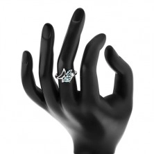 Prsten ve stříbrném odstínu, zahnutá ramena, světle modré a čiré zirkony