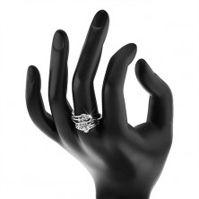 Třpytivý prsten s rozdělenými rameny, zatočené linie, čiré zirkonky
