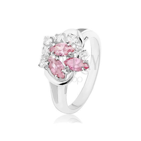 Prsten s rozdvojenými rameny, čiré zirkonky, zrnka růžové barvy
