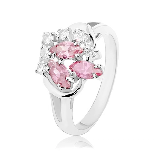 Prsten s rozdvojenými rameny, čiré zirkonky, zrnka růžové barvy - Velikost: 50