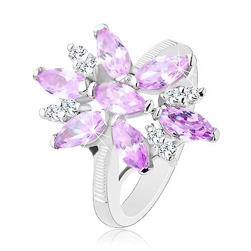 Prsten ve stříbrné barvě, velký květ ze světle fialových a čirých zirkonů - Velikost: 51
