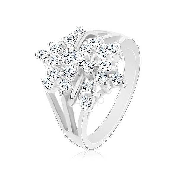 Třpytivý prsten, stříbrná barva, čirý zirkonový květ, rozvětvená ramena