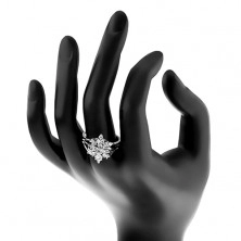Třpytivý prsten, stříbrná barva, čirý zirkonový květ, rozvětvená ramena
