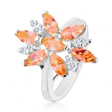 Blýskavý prsten ve stříbrné barvě, velký květ z oranžových a čirých zirkonů