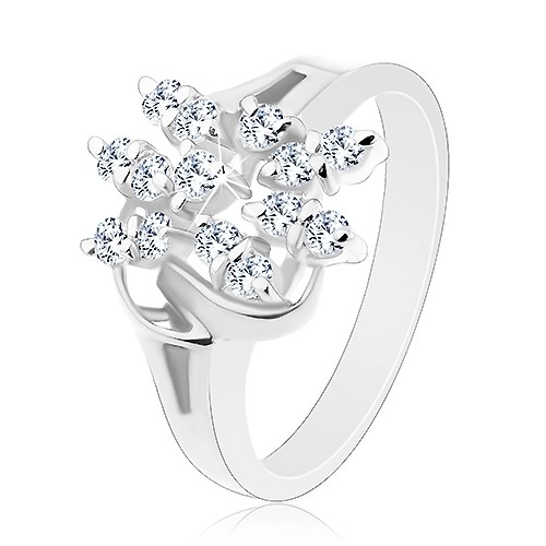 Prsten s rozdělenými rameny, lesklé obloučky, květ z čirých zirkonů - Velikost: 50