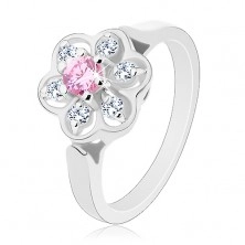 Prsten ve stříbrném odstínu, blýskavý čirý kvítek s růžovým středem