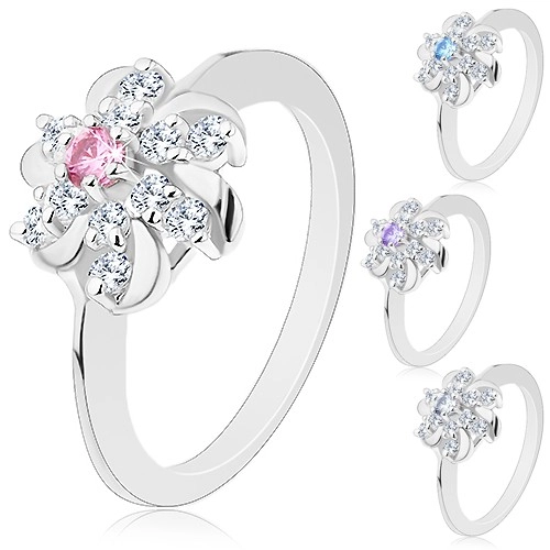Prsten stříbrné barvy, čirý květ s barevným středem a lesklými obloučky - Velikost: 55, Barva: Růžová